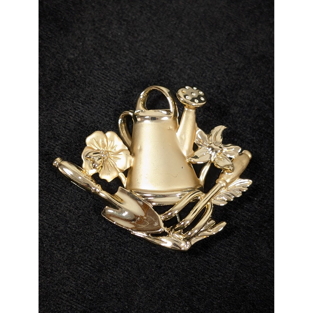 Vintage AJC Gold Tone Garden Watering Can Tools Flowers‎ Brooch Pin Signed
